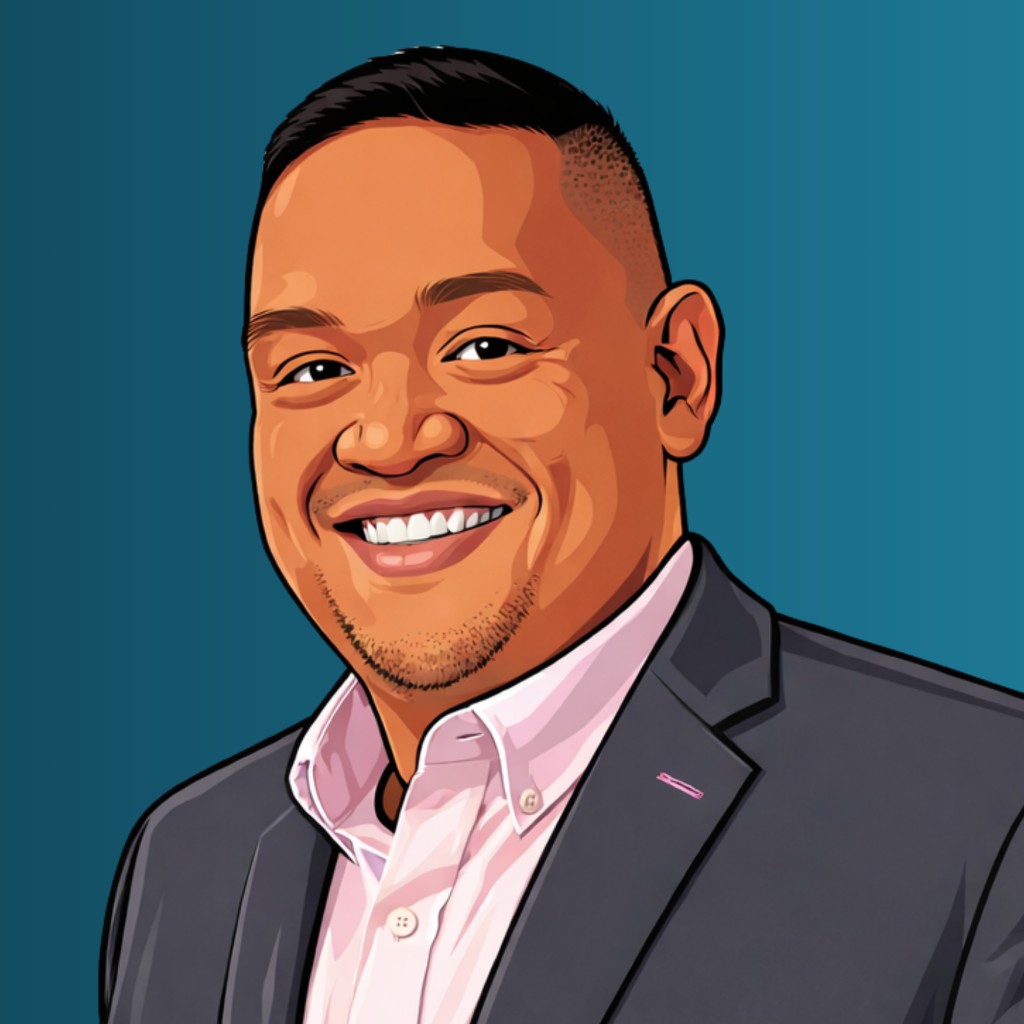 Illustrated headshot of Kenneth Sitjar smiling in a suit
